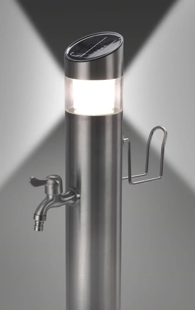 Edelstahl-Wassersäule + Solar Edelstahl-Leuchte