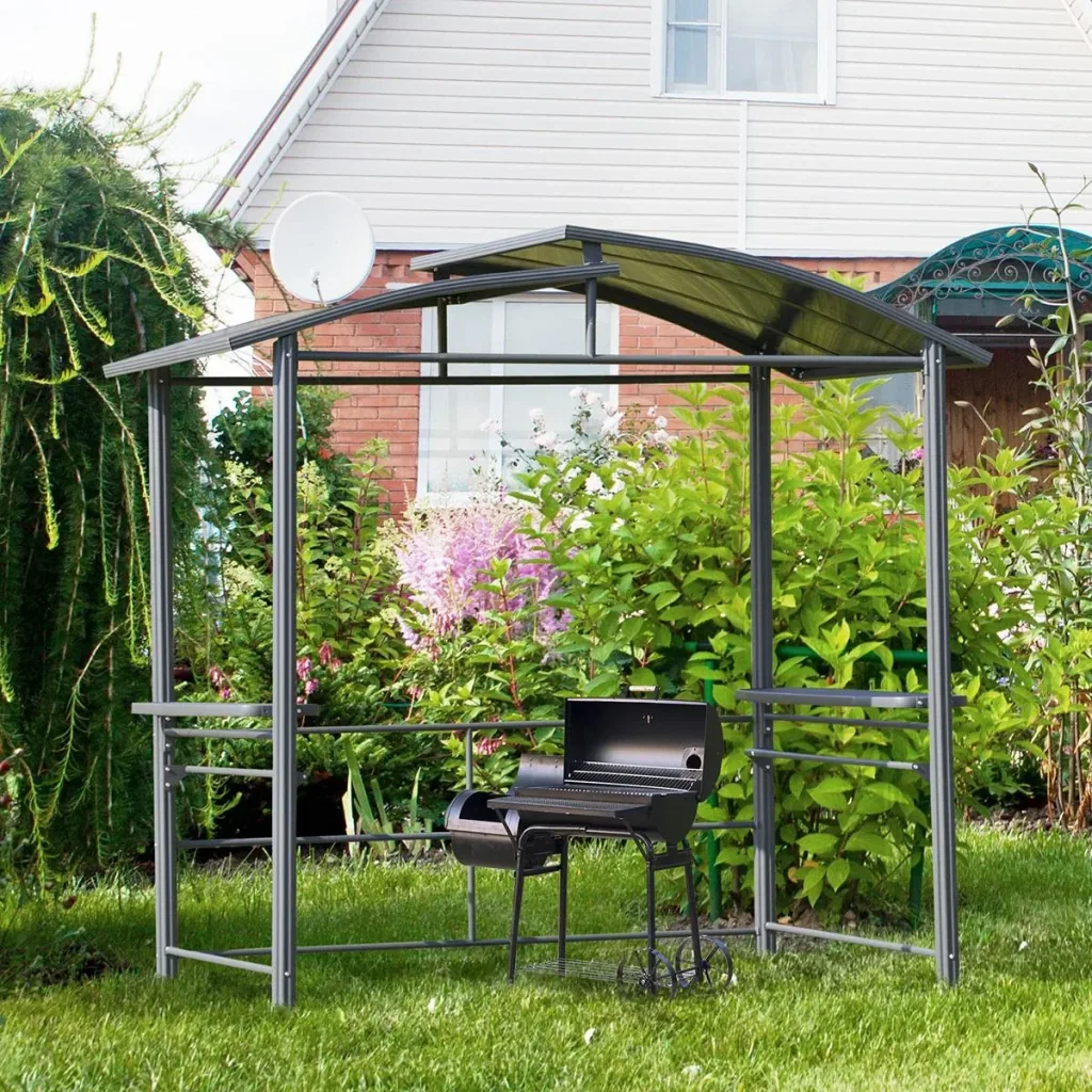 Grillpavillon mit Flammschutzdach, BBQ-Pavillon mit 2 Ablagen Stahl PC Dunkelgrau, 240 x 150 x 230 cm