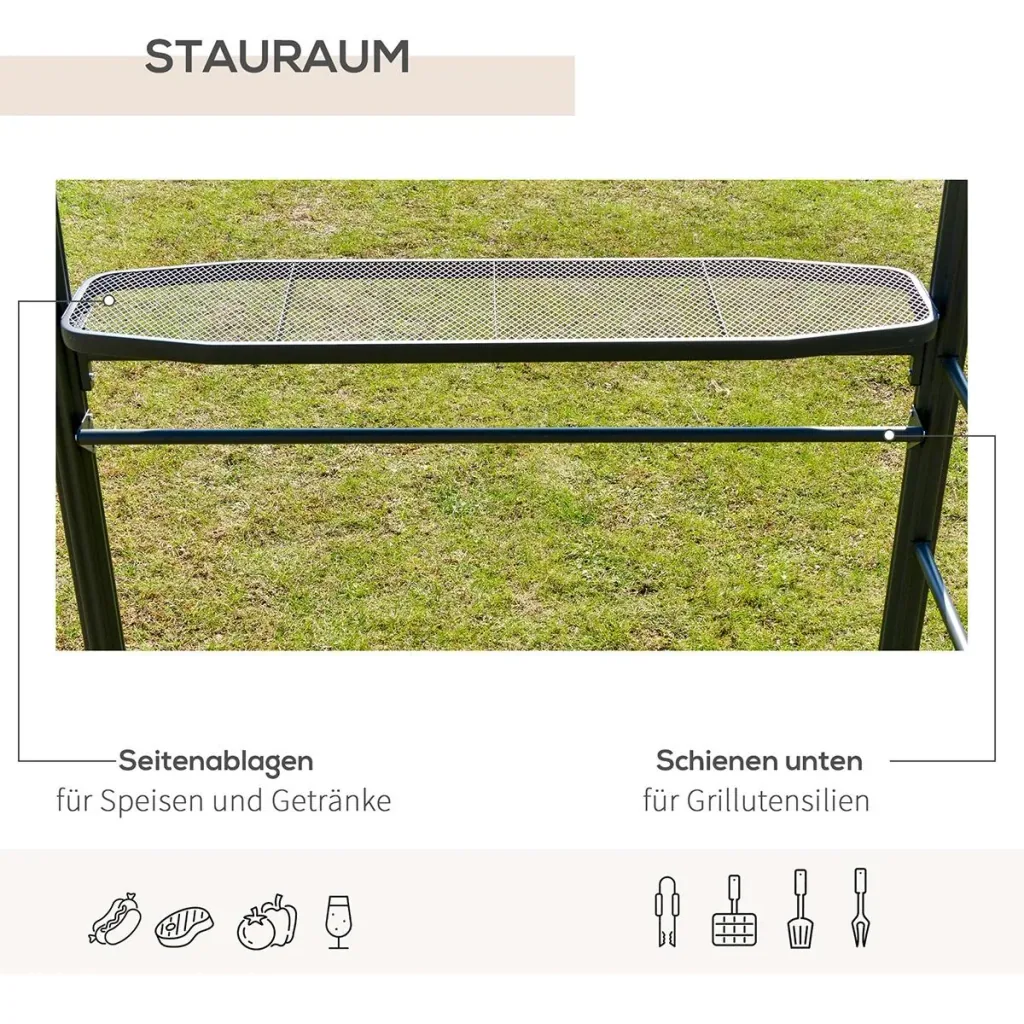 Grillpavillon mit Flammschutzdach, BBQ-Pavillon mit 2 Ablagen Stahl PC Dunkelgrau, 240 x 150 x 230 cm