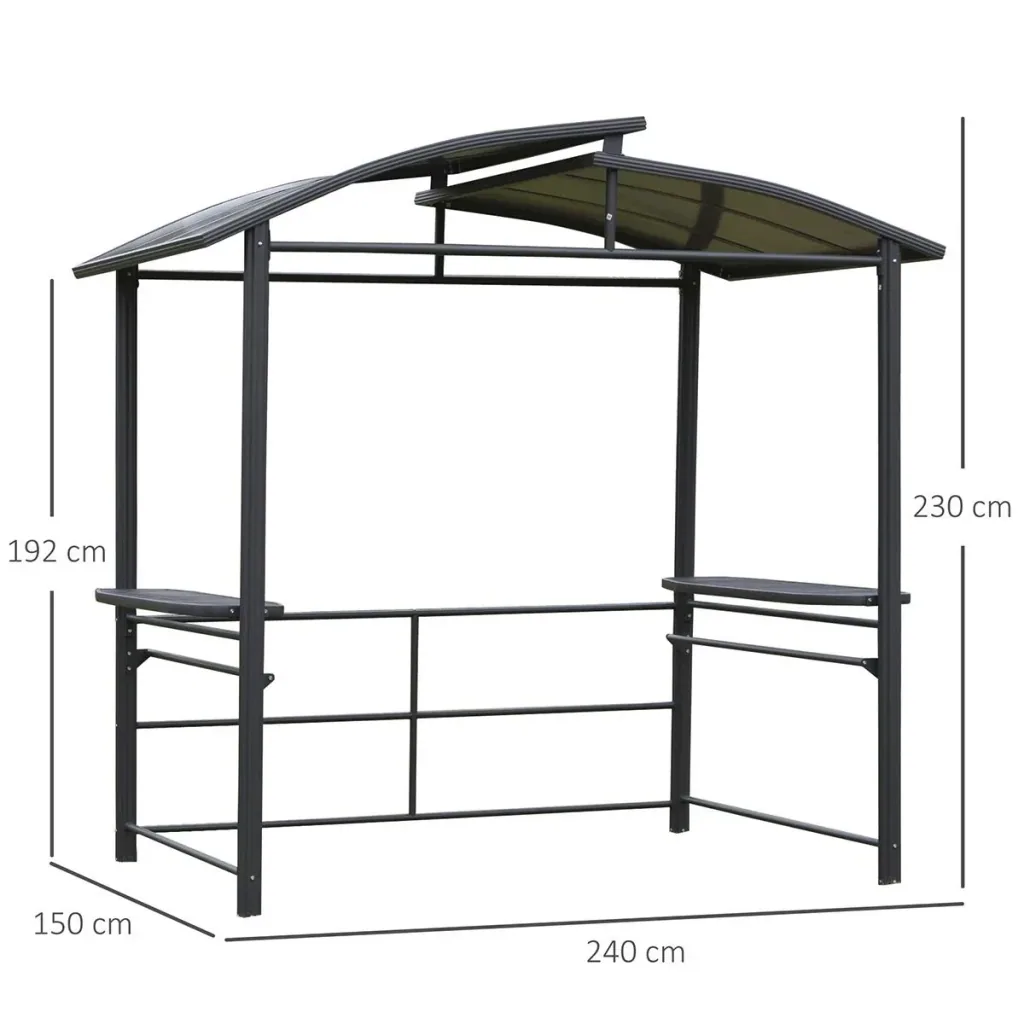 Grillpavillon mit Flammschutzdach, BBQ-Pavillon mit 2 Ablagen Stahl PC Dunkelgrau, 240 x 150 x 230 cm