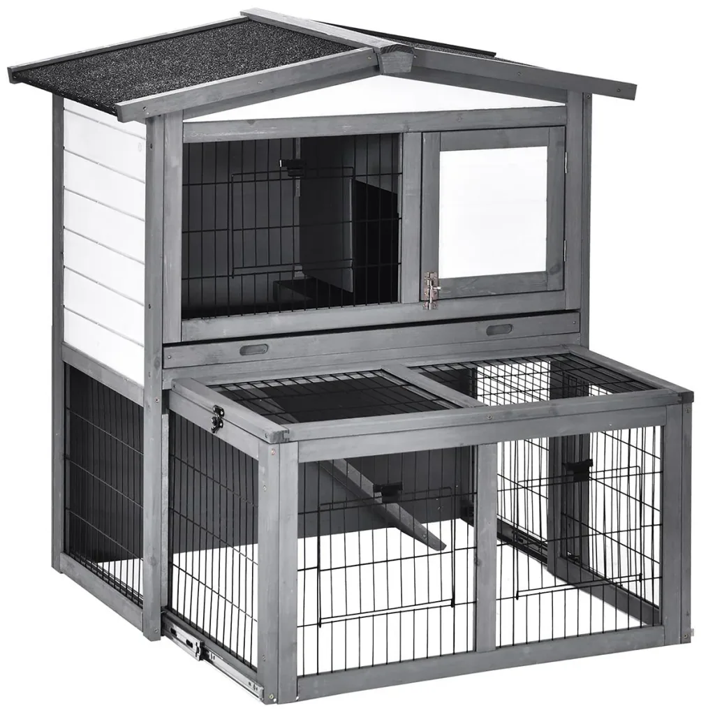 Kaninchenhaus Kaninchenstall Stall mit Rampe für Meerschweinchen Hasen mit Freilauf Tannenholz Grau+Weiß 101,5 x 90 x 10