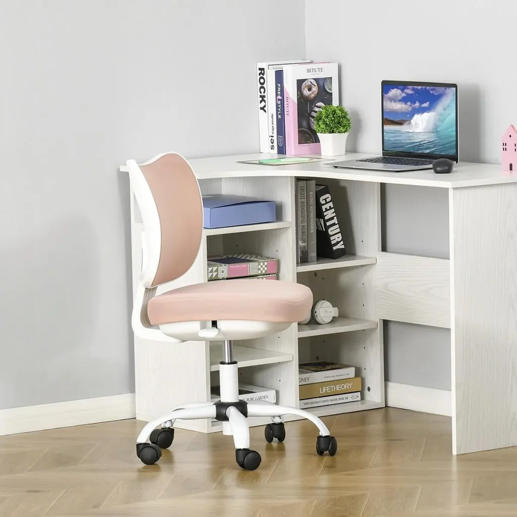 Bürostuhl Drehstuhl Liegefunktion Bürosessel ohne Armlehnen Höhenverstellbar Schaumstoff ABS Metall Weiß+Rosa 46 x 51 x