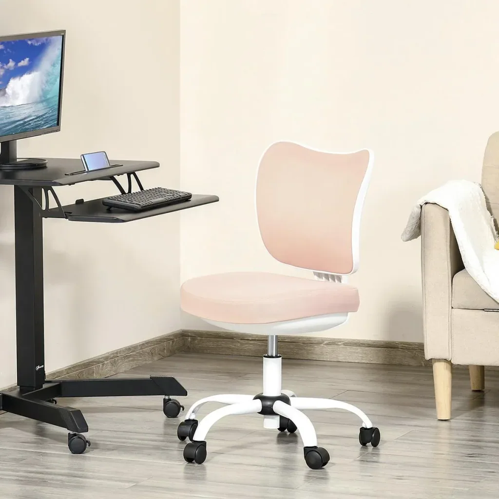 Bürostuhl Drehstuhl Liegefunktion Bürosessel ohne Armlehnen Höhenverstellbar Schaumstoff ABS Metall Weiß+Rosa 46 x 51 x