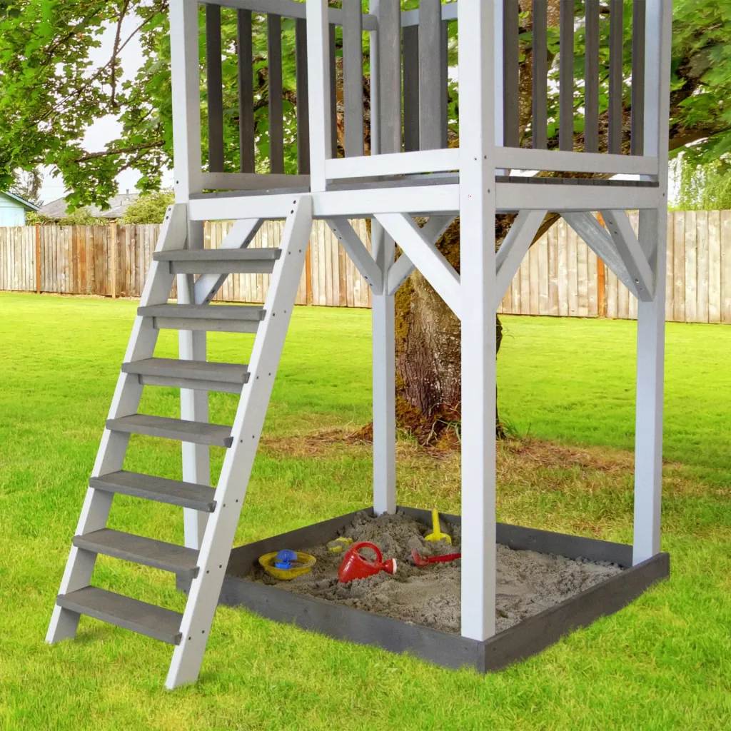 Beach Tower Spielturm mit Klettergerüst und Summer Nestschaukel - Graue Rutsche