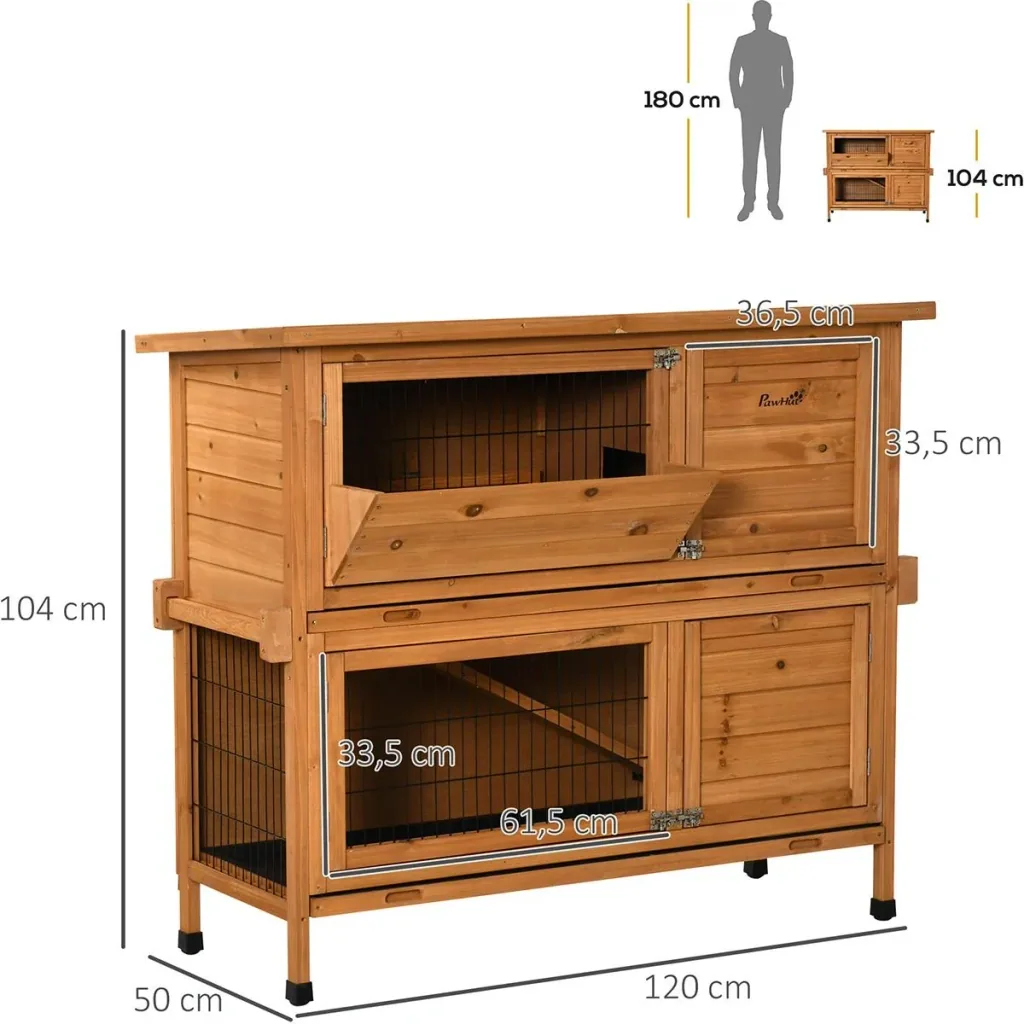 Kaninchenstall Holz Doppelboden mit Asphaltdach Stahl Orange 120 x 50 x 104 cm