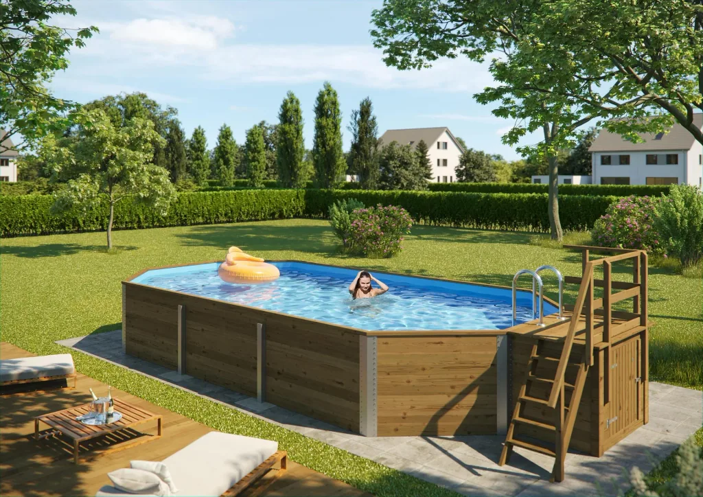 Massivholzpool 594 A, 850 x 376 x 116 cm, Sparset inkl. Sandfilteranlage und Technikraum