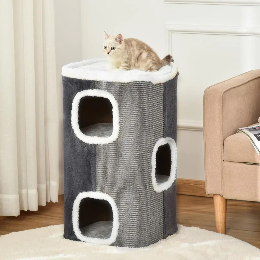 Katzenkratzbaum Katztonne 3 Ebenen Katzenbaum Kletterbaum für Katzen Katzenmöbel Spanplatte samtartiges Polyester Sisal