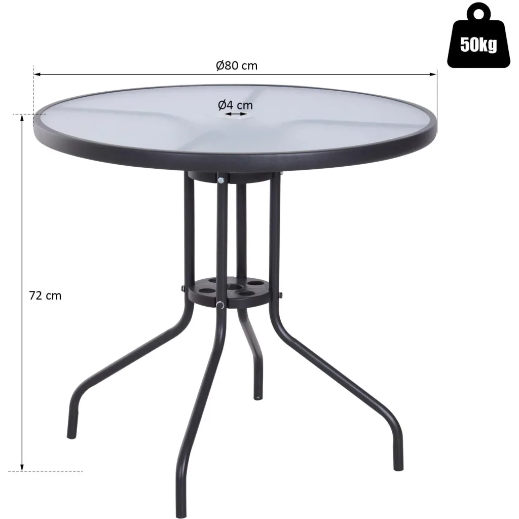 Gartentisch Balkontisch Bistrotisch Gartenmöbel mit Schirmloch Hartglas + Metall Schwarz Ø80 x 72 cm