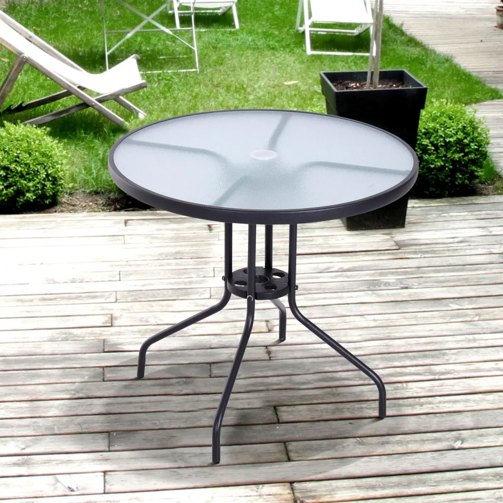 Gartentisch Balkontisch Bistrotisch Gartenmöbel mit Schirmloch Hartglas + Metall Schwarz Ø80 x 72 cm