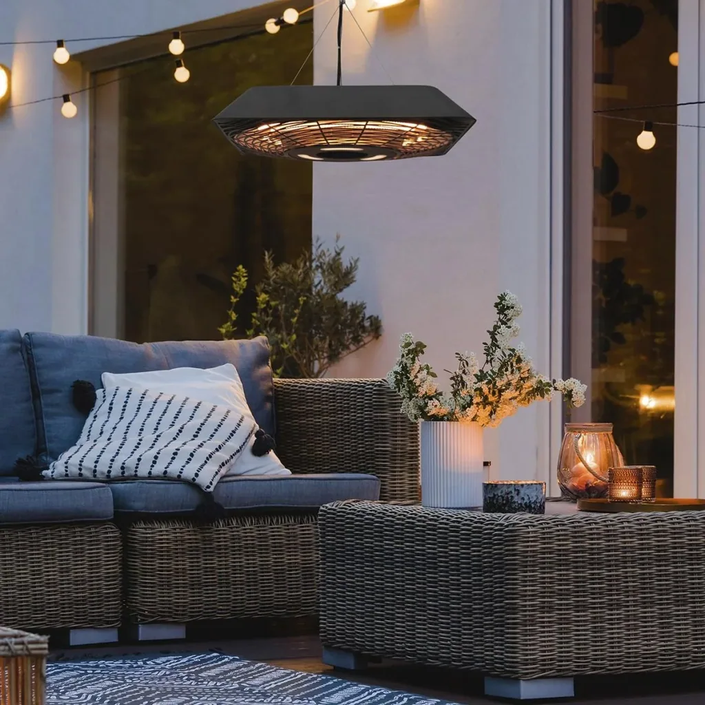Deckenheizstrahler 800W/1200W/2000W 5 Modi Heizstrahler IP45 Elektro Heizpilz mit Fernbedienung LED-Licht Alu Glas Schwa