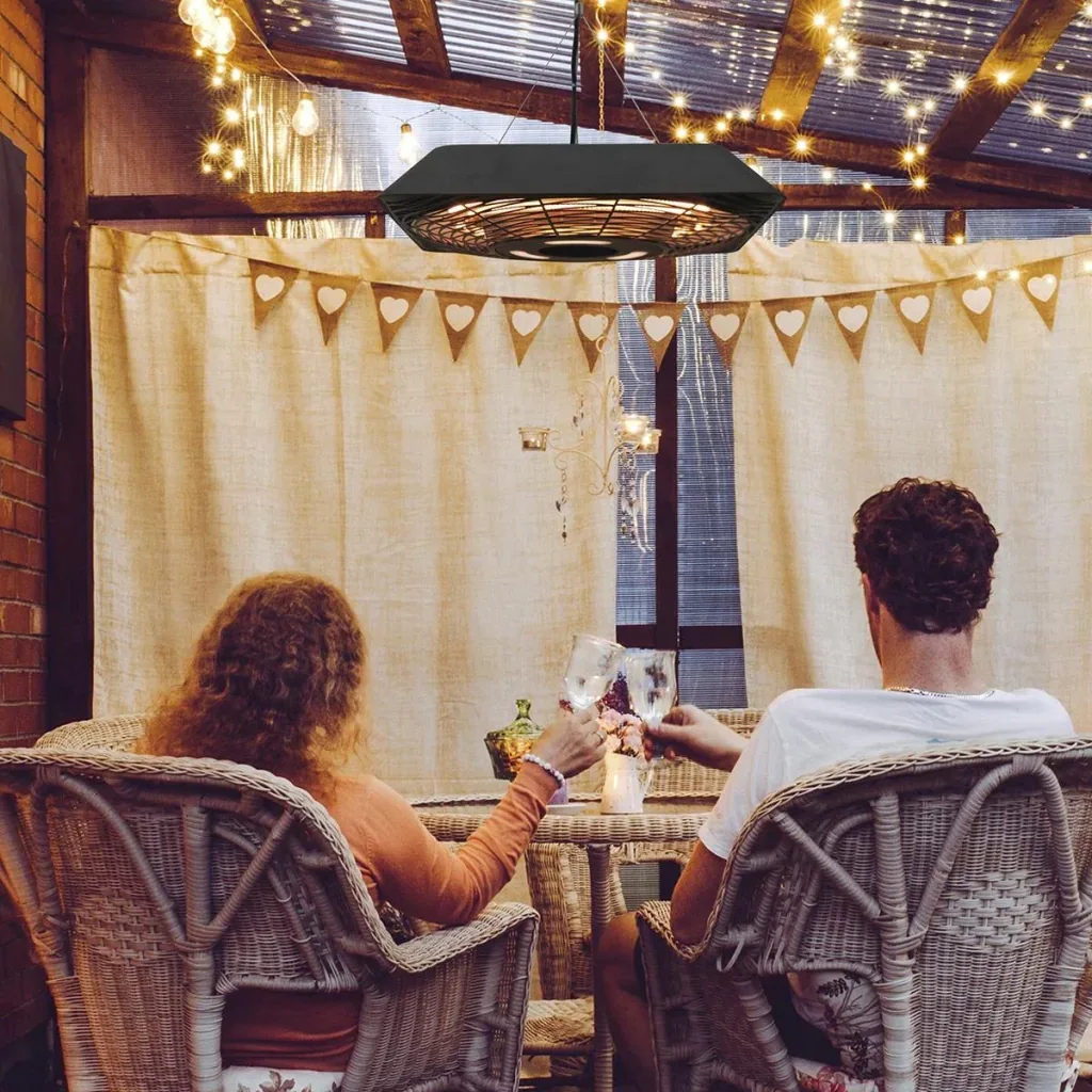 Deckenheizstrahler 800W/1200W/2000W 5 Modi Heizstrahler IP45 Elektro Heizpilz mit Fernbedienung LED-Licht Alu Glas Schwa