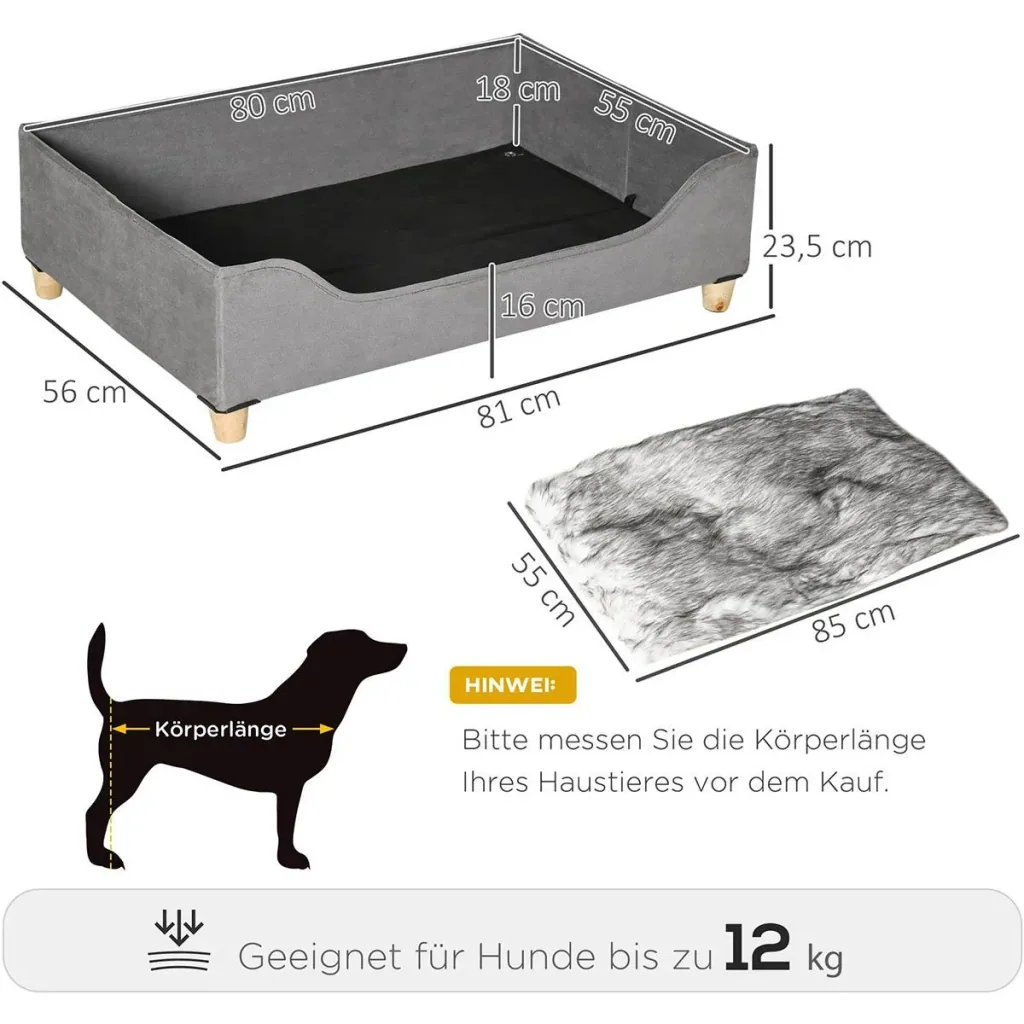 Hundebett mit Kissen für kleine und mittelgroße Hunde Weich gepolstert waschbarer Bezug Kiefer Grau 81 x 56 x 23,5 cm