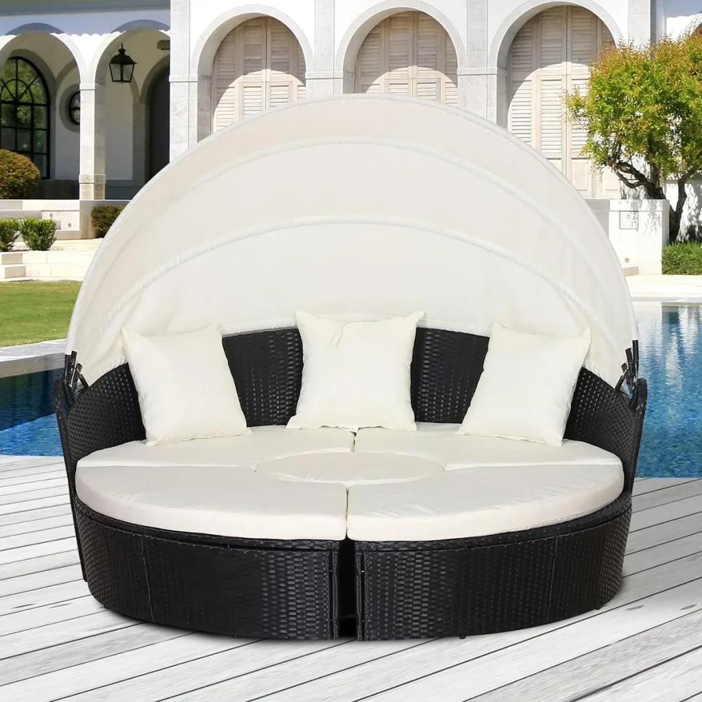 Rattan Sonneninsel, Loungegruppe mit Sonnendach, Sitzgruppe, Kissen und Beistelltisch, Metall, Creme, 180 x 175 x 147 cm