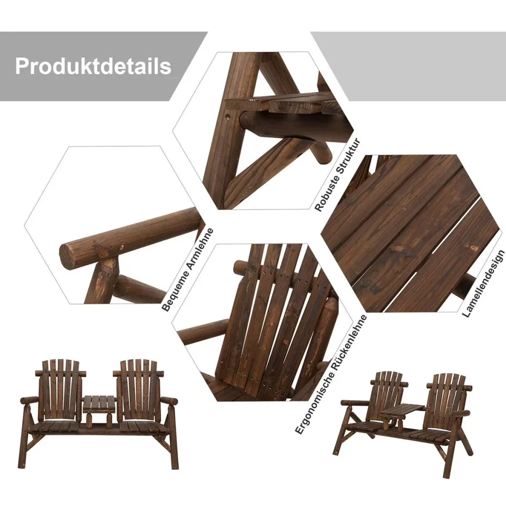 Gartenbank mit Tisch, Gartenmöbel, Sitzbank, 2 Stühle, Massivholz, Braun, 156 x 83 x 95 cm