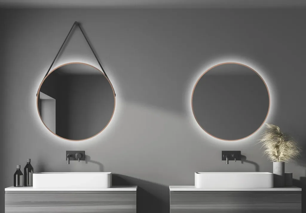 Dekorativer runder Wandspiegel mit indirekter LED Beleuchtung in kupfer matt Ø 80 cm