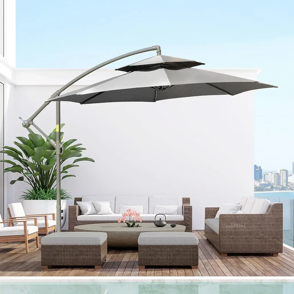 Sonnenschirm Ø2,67 x 2,7 m Doppelt überdachter schwingender Sonnenschirm Kreuzfuß Stahl Outdoor Polyester Stahl Hellgrau