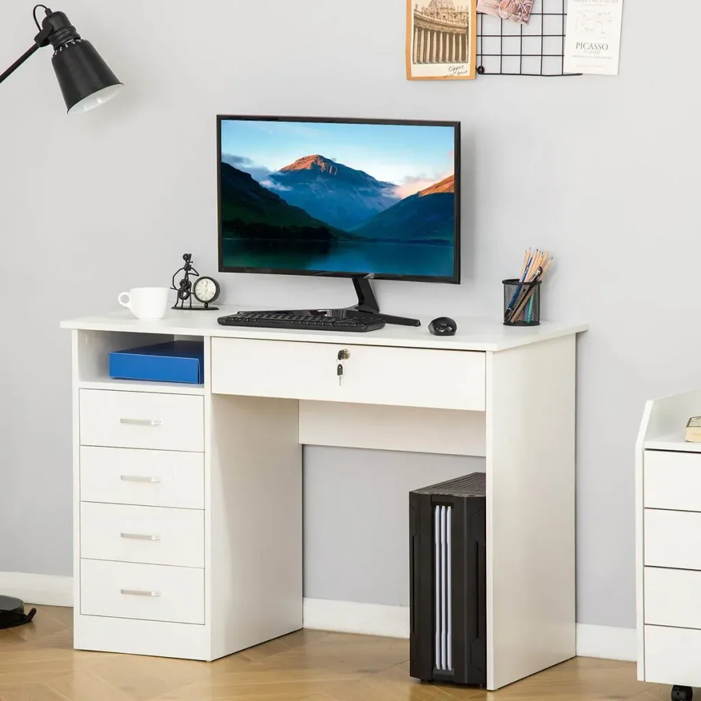 Computertisch Schreibtisch mit 5 Schubladen und Regal Bürotisch mit Schloss großer Arbeitsfläche Weiß 110 x 50 x 76 cm