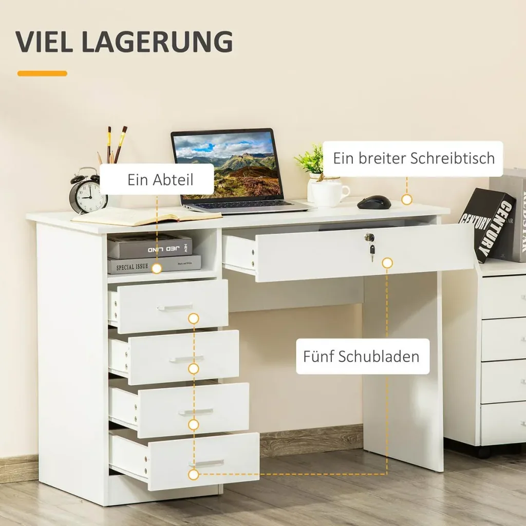 Computertisch Schreibtisch mit 5 Schubladen und Regal Bürotisch mit Schloss großer Arbeitsfläche Weiß 110 x 50 x 76 cm