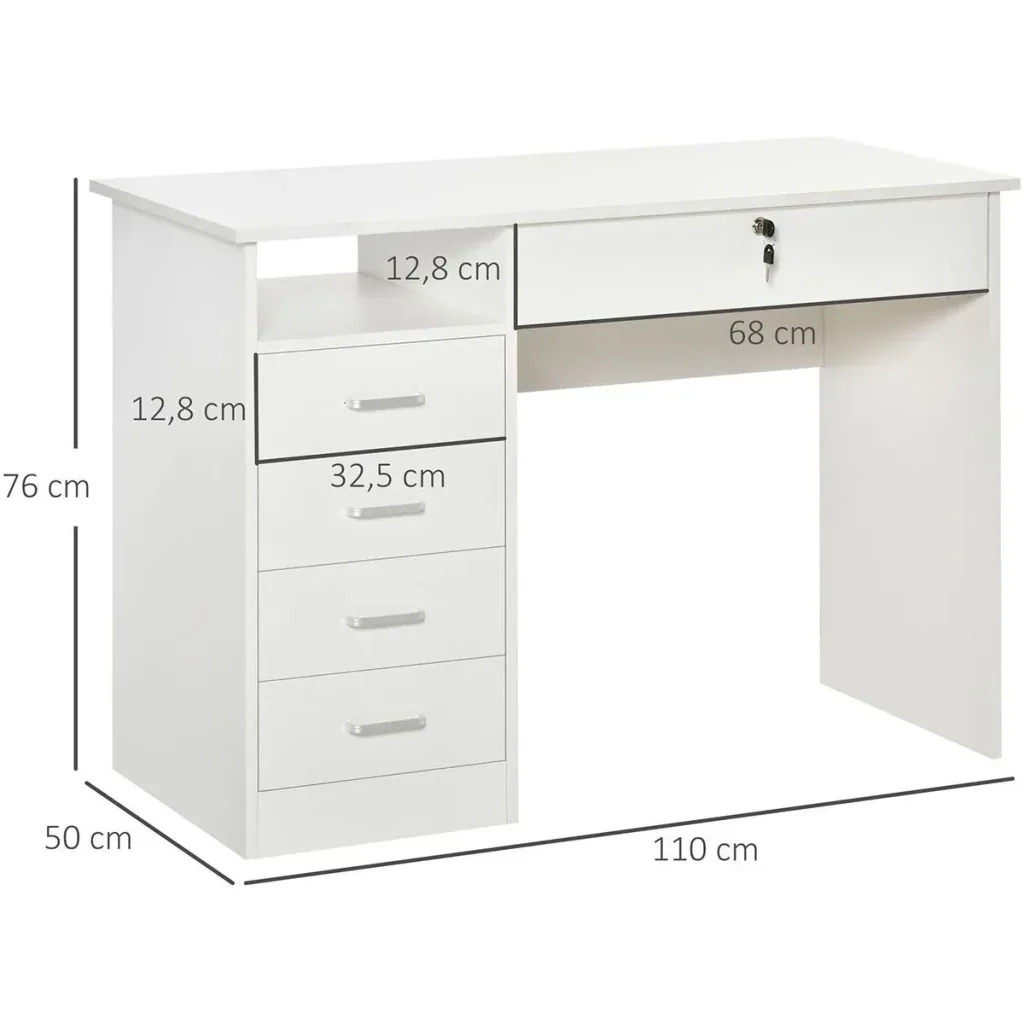 Computertisch Schreibtisch mit 5 Schubladen und Regal Bürotisch mit Schloss großer Arbeitsfläche Weiß 110 x 50 x 76 cm