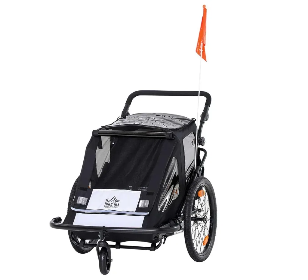 Kinderanhänger Fahrradanhänger mit Aufbewahrungstasche Kinderwagen mit Mesh-Tür Fahne klappbarer Kinderanhänger 2 in 1