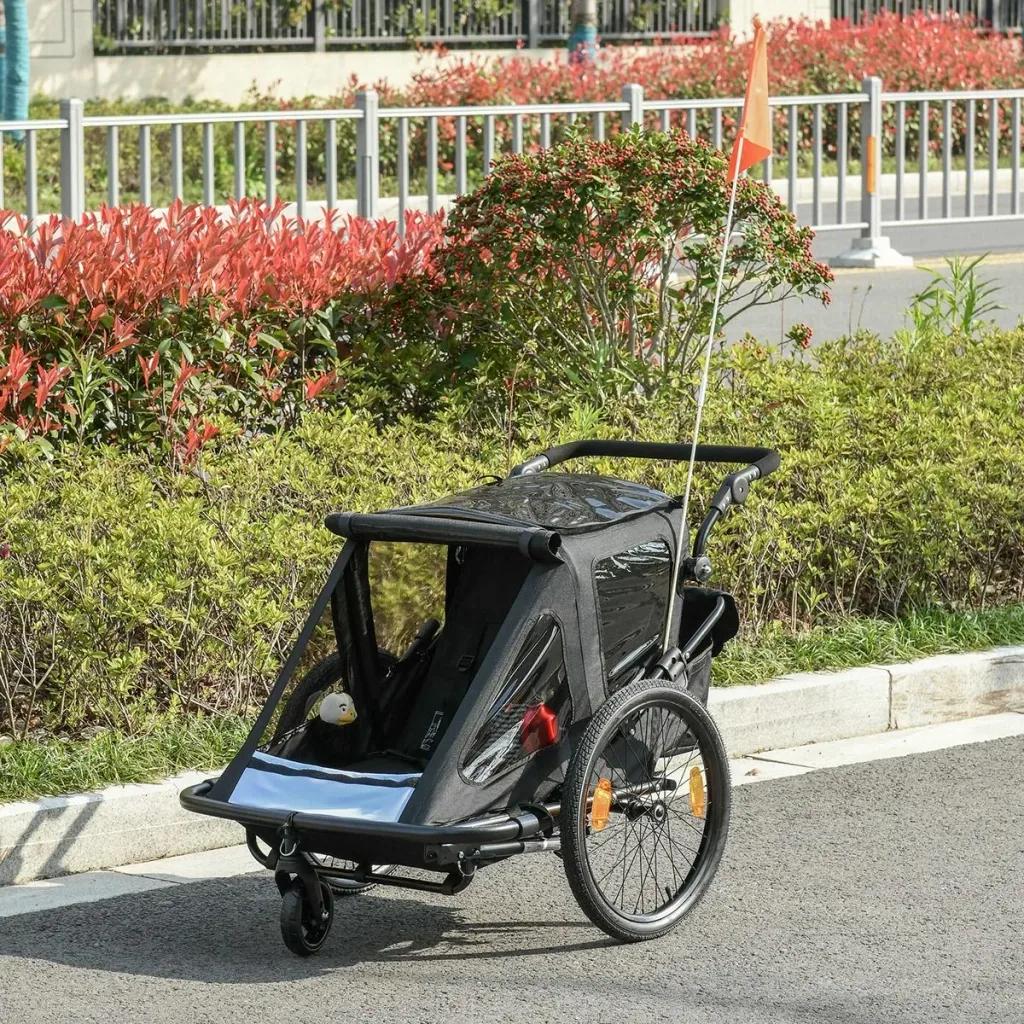 Kinderanhänger Fahrradanhänger mit Aufbewahrungstasche Kinderwagen mit Mesh-Tür Fahne klappbarer Kinderanhänger 2 in 1