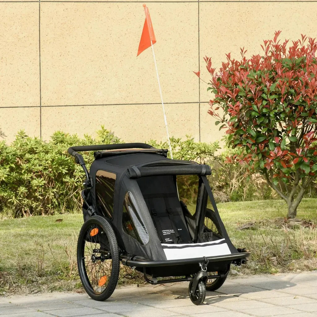 Kinderanhänger Fahrradanhänger mit Aufbewahrungstasche Kinderwagen mit Mesh-Tür Fahne klappbarer Kinderanhänger 2 in 1