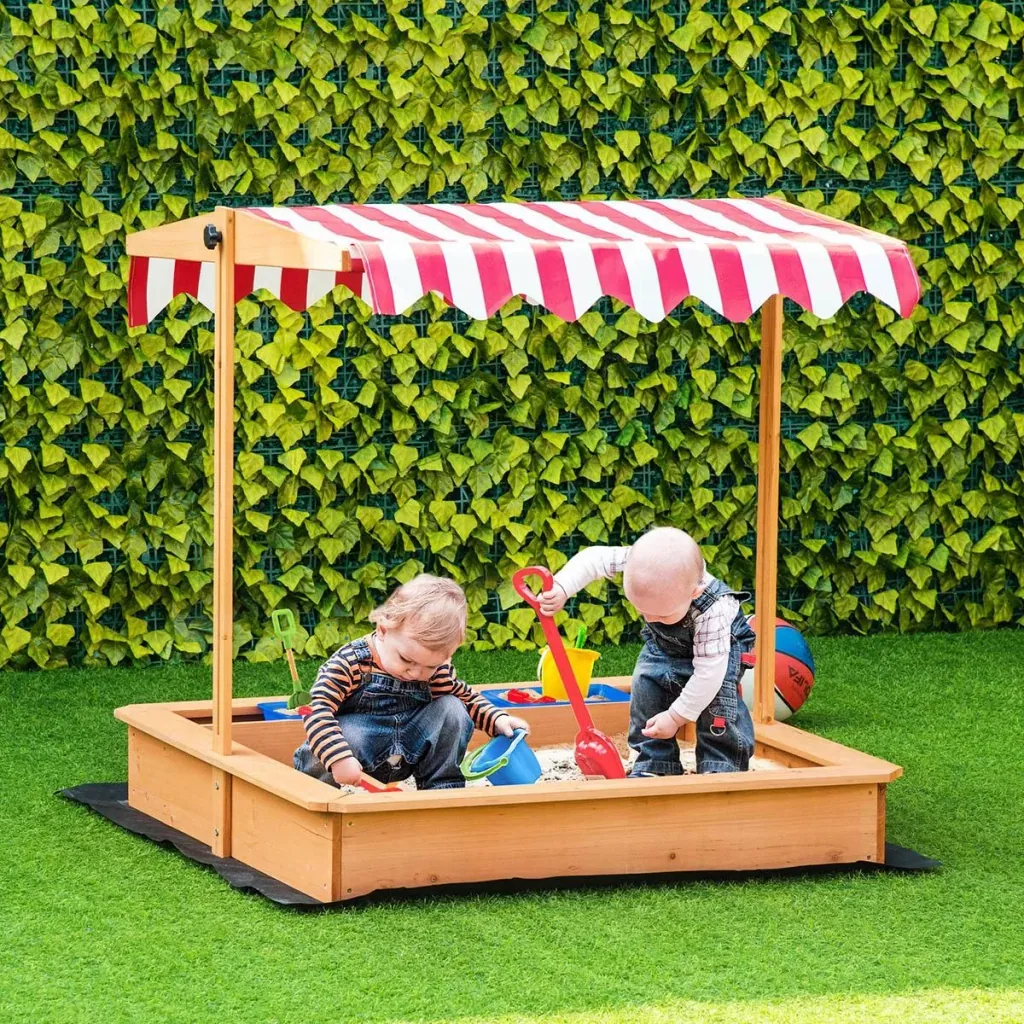 Sandkasten Holz bodenlos Design für Kinder 3-7 Jahre mit Deckel und Dach 107,5 x 107,5 x 110 cm