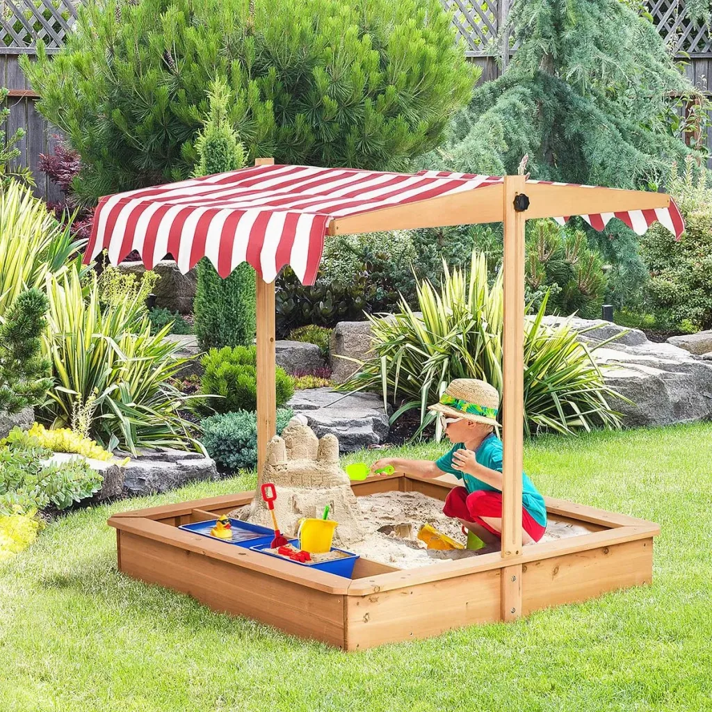 Sandkasten Holz bodenlos Design für Kinder 3-7 Jahre mit Deckel und Dach 107,5 x 107,5 x 110 cm