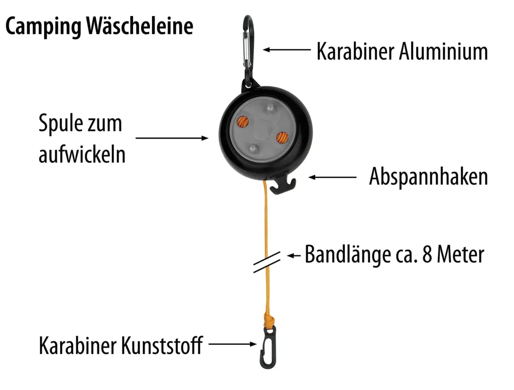 Wäscheleine aufrollbar mit Haken, maximale Länge 8 m
