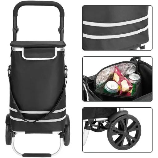 Einkaufswagen Max 25kg|Abnehmbare Einkaufstasche|Mit Kühlfach | Aluminium schwarz