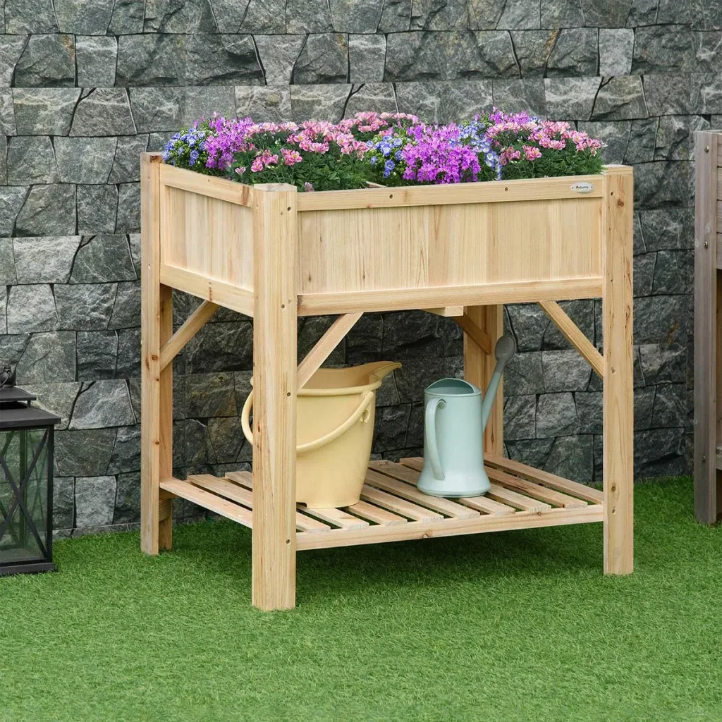 Hochbeet Holz mit 6 getrennten Anbauflächen Pflanztisch Blumenkasten Vliesstoff Natur 78,5 x 58 x 81 cm