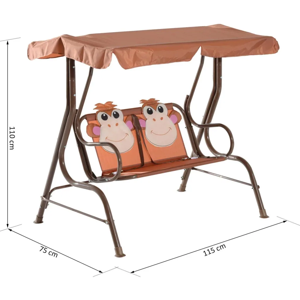 Kinder Gartenschaukel Doppelschaukel Schaukelbank in Affenmuster Metall + Oxfordstoff Braun 115 x 75 x 110 cm