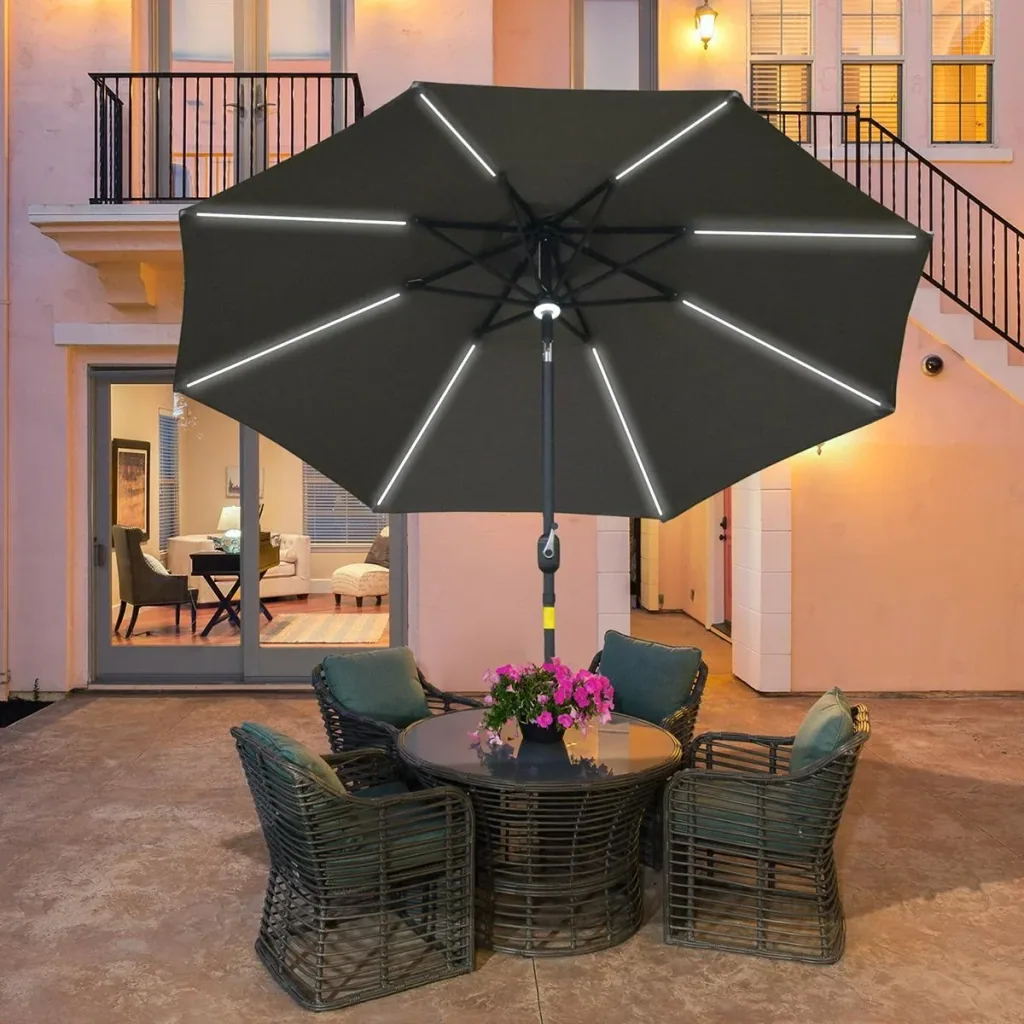 Sonnenschirm im Freien Gartenschirm mit Solarbeleuchtung LED Sonnenschutz Stahl Aluminum Polyester Dunkelgrau Ø266 x 245