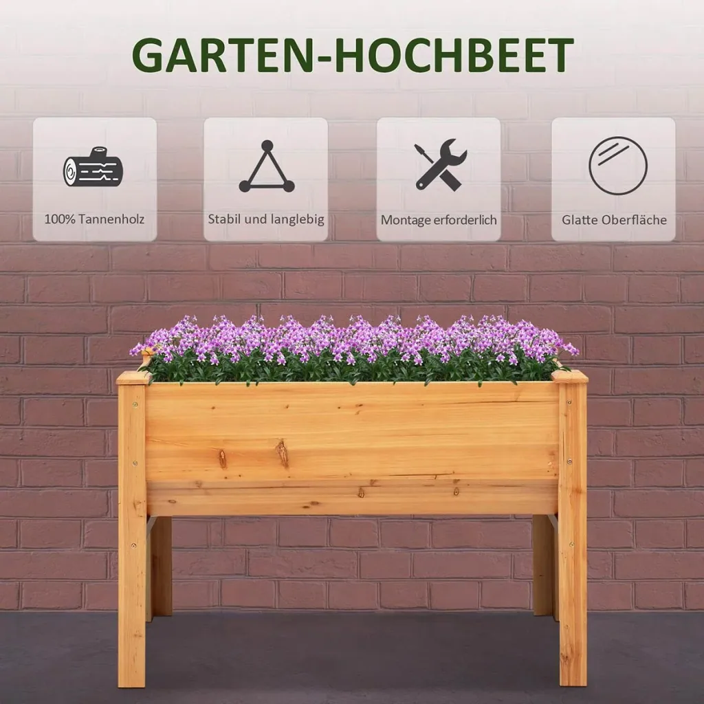 Hochbeet aus Holz Kräuterbeet Pflanzkasten mit Abflussloch Haken Blumenkasten mit Füßen Massivholz Natur 124 x 60 x 81 c