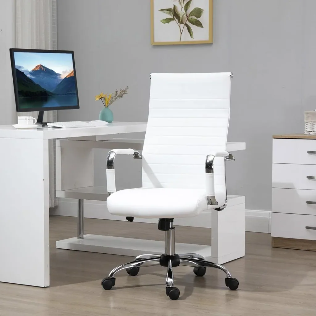 Bürostuhl Gaming Drehstuhl Chefsessel Wippfunktion höhenverstellbar gepolstert ergonomisch PU-Leder Schaumstoff Weiß 54