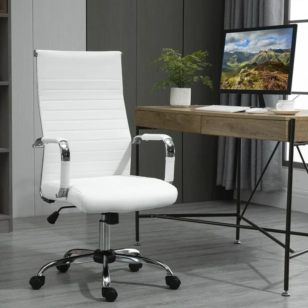 Bürostuhl Gaming Drehstuhl Chefsessel Wippfunktion höhenverstellbar gepolstert ergonomisch PU-Leder Schaumstoff Weiß 54