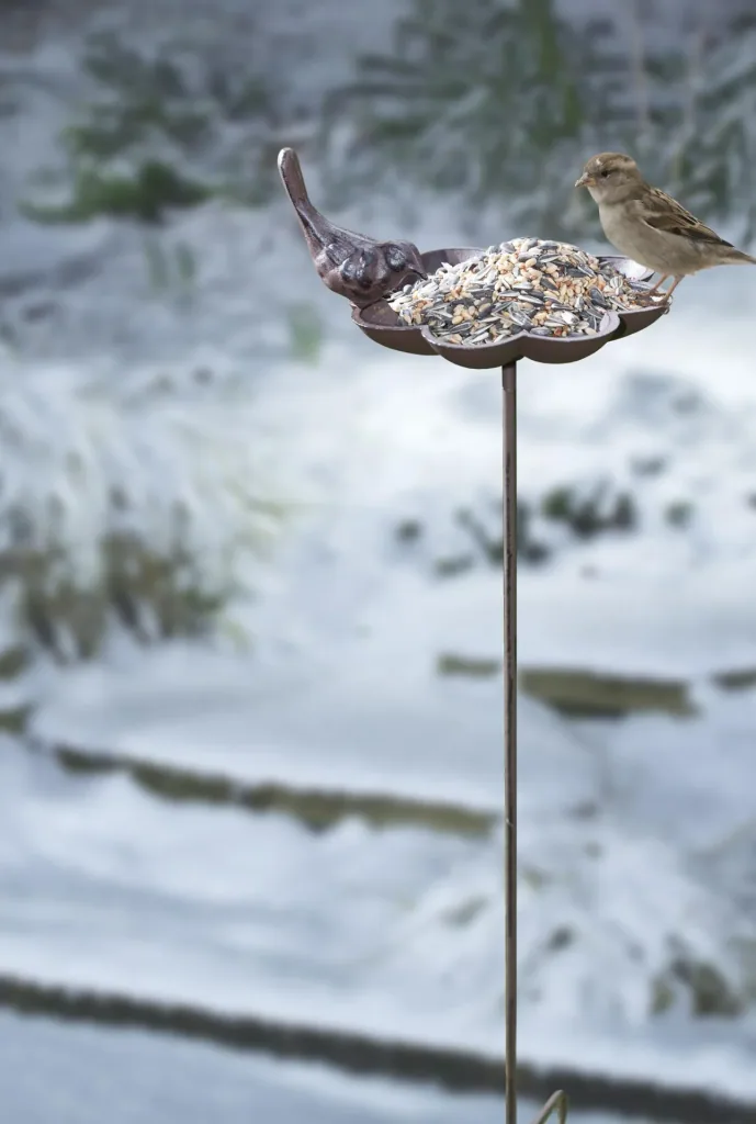 Vogeltränke mit Erdspieß, Gusseisen, Vogeldesign