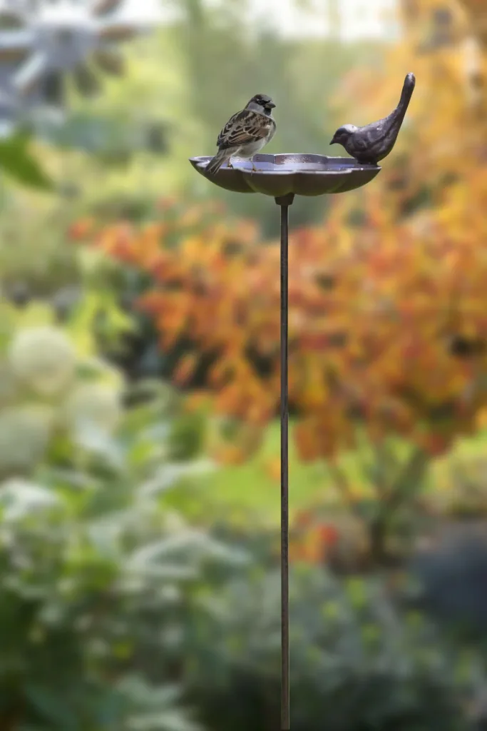 Vogeltränke mit Erdspieß, Gusseisen, Vogeldesign