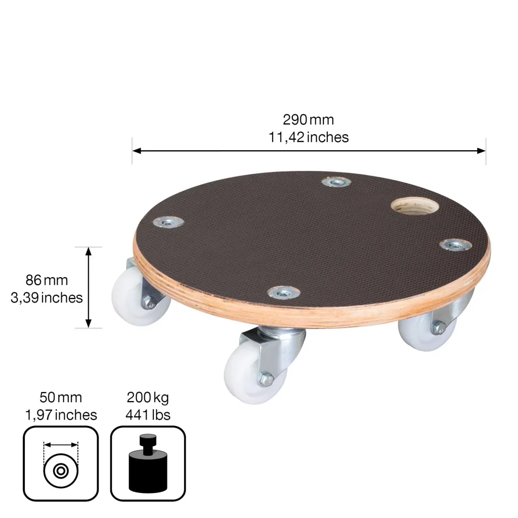 Multi Roller MR 1351, Ø 29 x 8,5 cm, harte Rollen Ø 50 mm, Gleitlager, Multiplex Platte FSC®, Tragkraft 200 kg