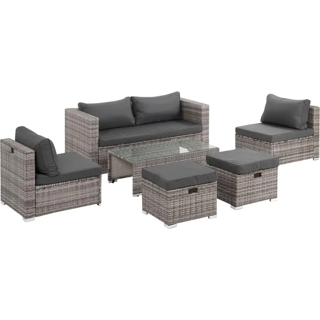 6-teiliges Lounge-Set in Rattanoptik, Metall+Polyester, grau
