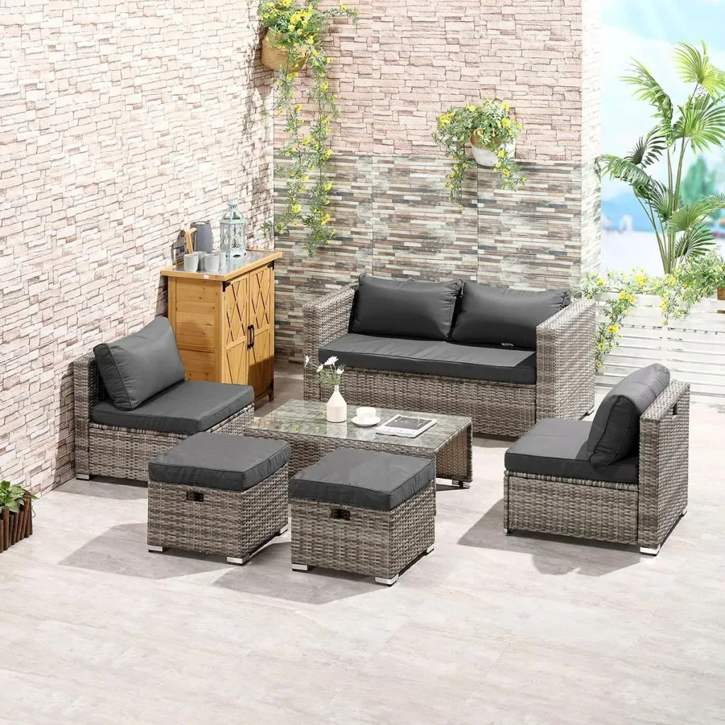 6-teiliges Lounge-Set in Rattanoptik, Metall+Polyester, grau