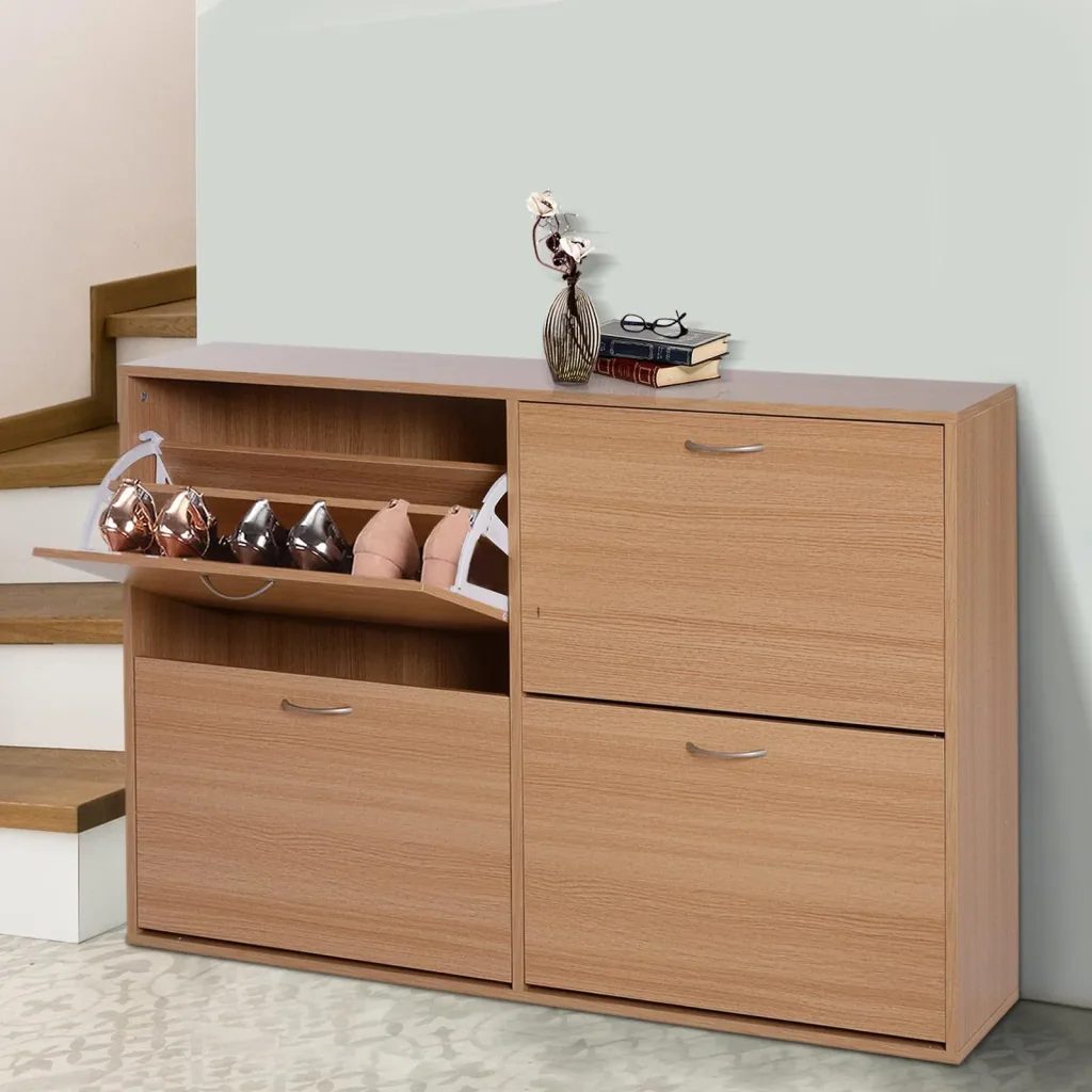 Schuhkipper Schuhschrank Schuhständer Schuhregal mit 4 Klappen 16 24 Paar Spannplatte Natur 120 x 24 x 81 cm