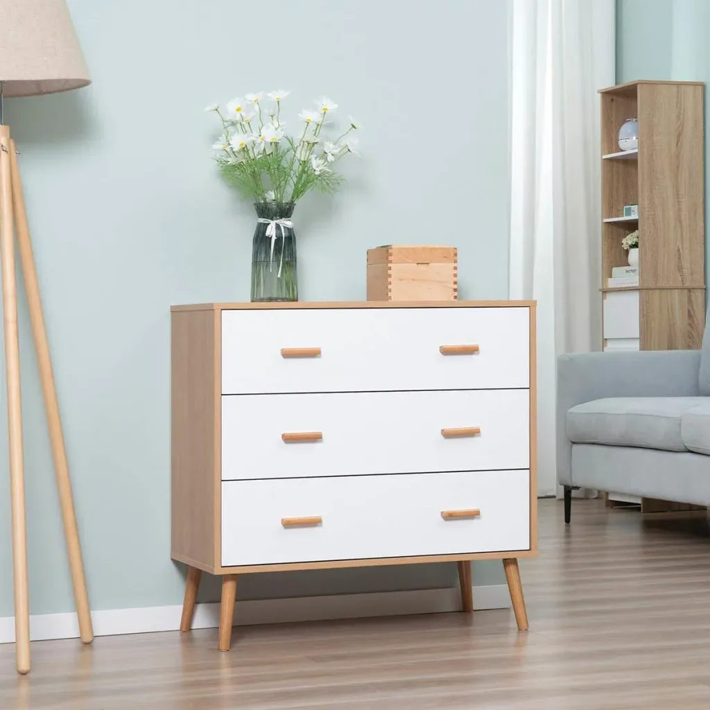 Kommode mit 3 Schubladen Sideboard Schubladenkommode Schrank Mehrzweckschrank Wohnzimmer Esszimmer Skandi-Design Weiß+Na