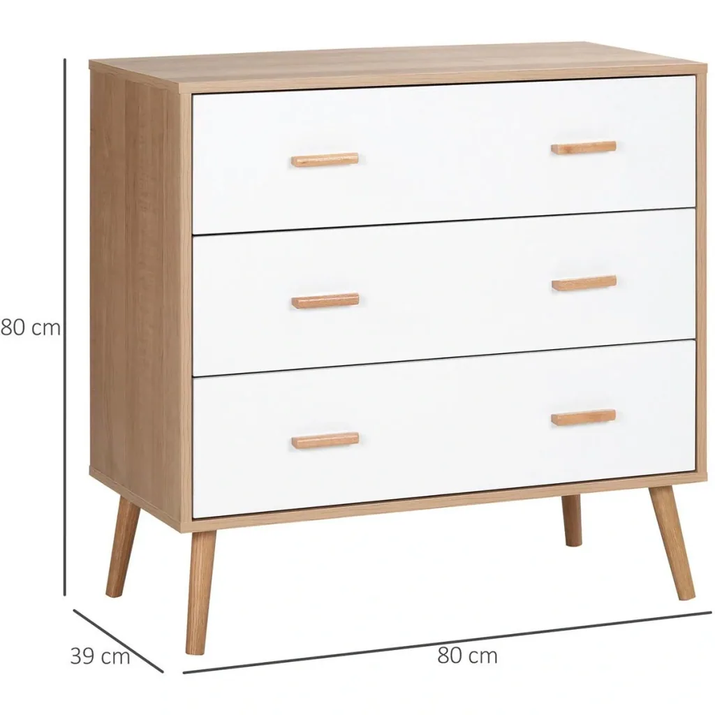 Kommode mit 3 Schubladen Sideboard Schubladenkommode Schrank Mehrzweckschrank Wohnzimmer Esszimmer Skandi-Design Weiß+Na
