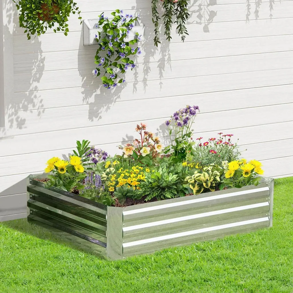 Hochbeet aus verzinktem Stahl Gartenbeet Pflanzkasten für Garten Blumenkasten Blumenkübel Silber 120 x 90 x 30 cm