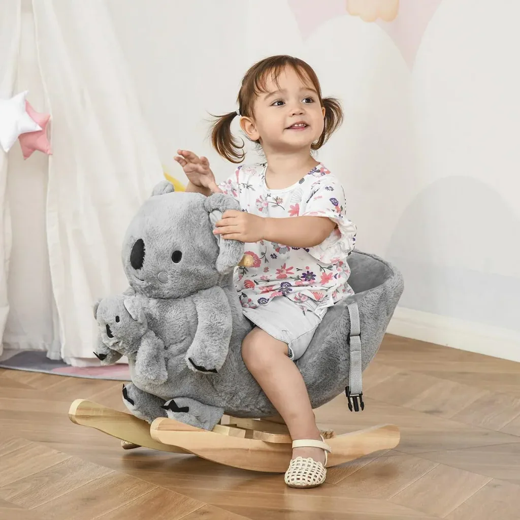 Schaukelpferd Plüsch Schaukeltier Babyschaukel mit Koala-Rufen Spielzeug für 18-36 Monaten Koala-Design Plüsch Holz Grau