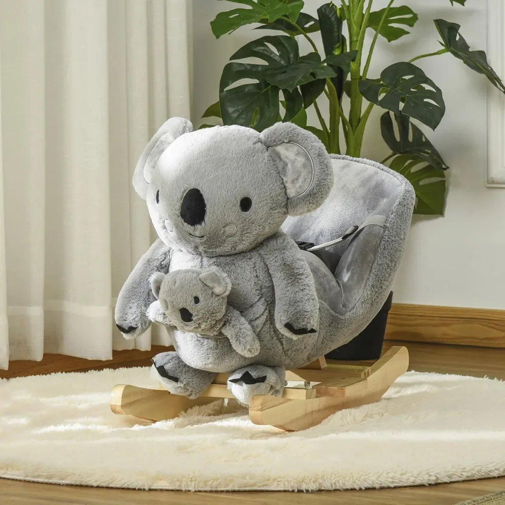 Schaukelpferd Plüsch Schaukeltier Babyschaukel mit Koala-Rufen Spielzeug für 18-36 Monaten Koala-Design Plüsch Holz Grau