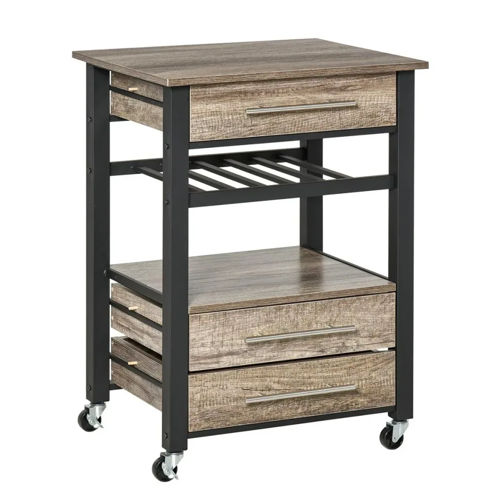 Küchenwagen Küchenrollwagen Servierwagen mit Schublade Ablage Spanplatte Metall Grau Eiche 60 x 50 x 84,5 cm