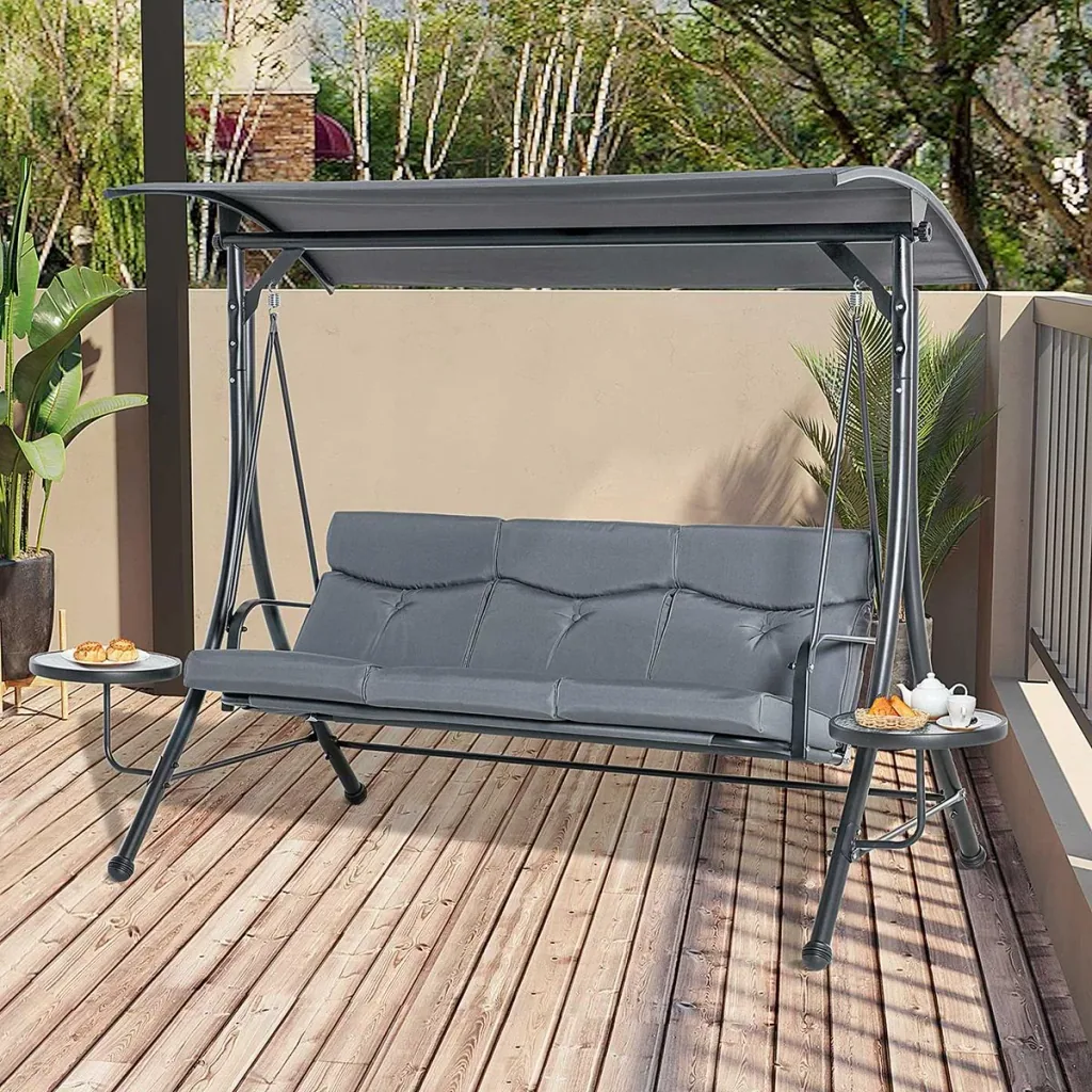 Hollywoodschaukel 3-Sitzer Gartenschaukel Schaukelbank mit verstellbarem Sonnendach Teetisch Stahl Polyester Grau+Schwar