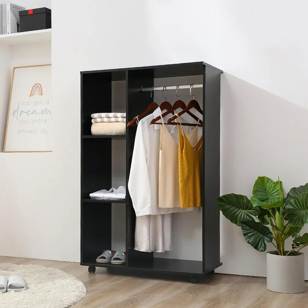 Kleiderschrank offener Dielenschrank, mit Kleiderstangen und Räder, für Schlafzimmer, E1 Spanplatte, Aluminium, 80x40x12